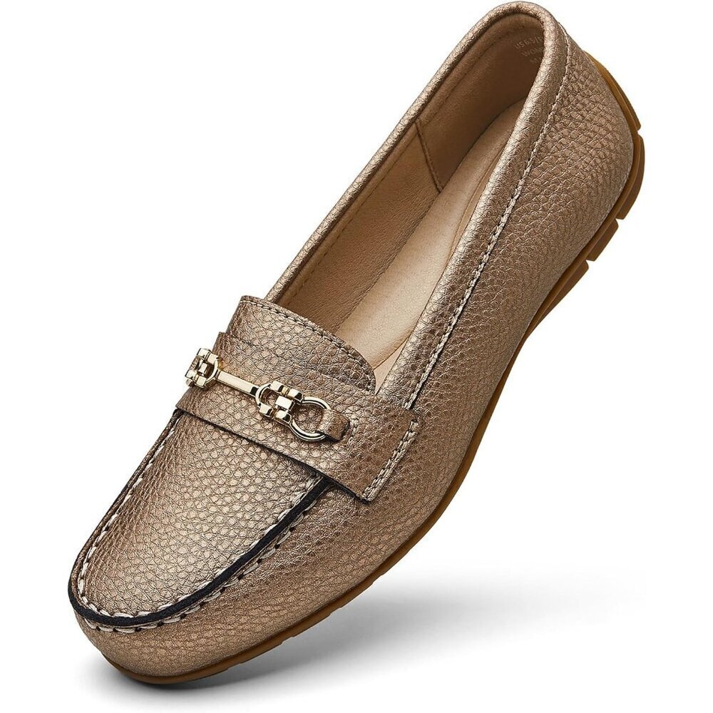 Kordal Women's  Rose Gold Leather Gold Accent Buckle Slip-Ons Walking Loafers